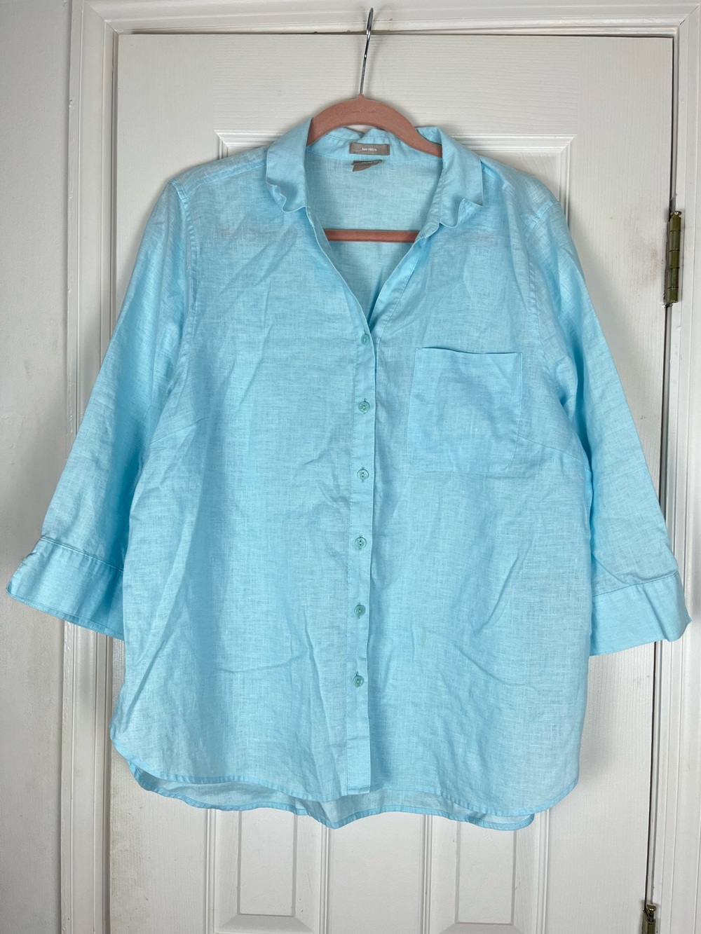 Chico’s 100% Linen 3/4 Sleeve Button Up Shirt Top Sz 3 US 16/18 Coastal Beach